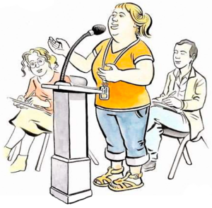 A women with DS giving a statement at a conference (Illustration)